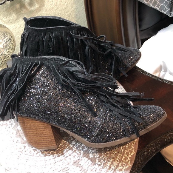 glitter fringe booties